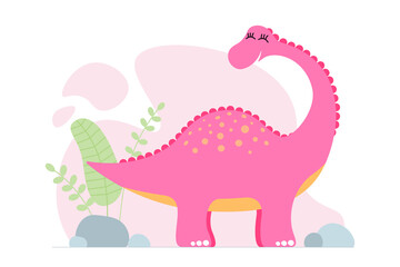 Cute pink dino brontosaurus. Kind smiling baby dinosaur brachiosaurus. Cartoon baby graphic design print banner. Creative girlish original design. Hand drawing diplodocus vector eps illustration