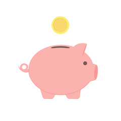 Pink piggy bank with a coin. Vector graphic image.