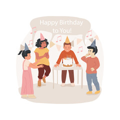 Singing Happy Birthday isolated cartoon vector illustration Birthday celebration, children clapping and singing, happy kid blowing out candle on cake, wearing caps, home party vector cartoon.