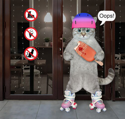 An ashen cat in a protective helmet with ice cream rides on roller skates near a cafe with...