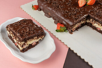 chocolate cake with strawberry vanilla cream