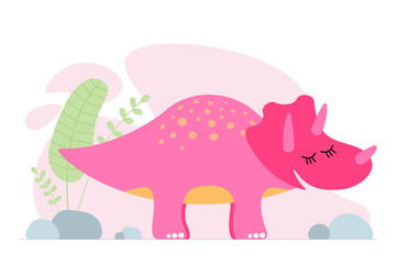 Cute pink dino. Kind smiling baby dinosaur triceratops. Cartoon baby graphic design print banner. Creative girlish original design. Hand drawing vector eps illustration © Azat Valeev
