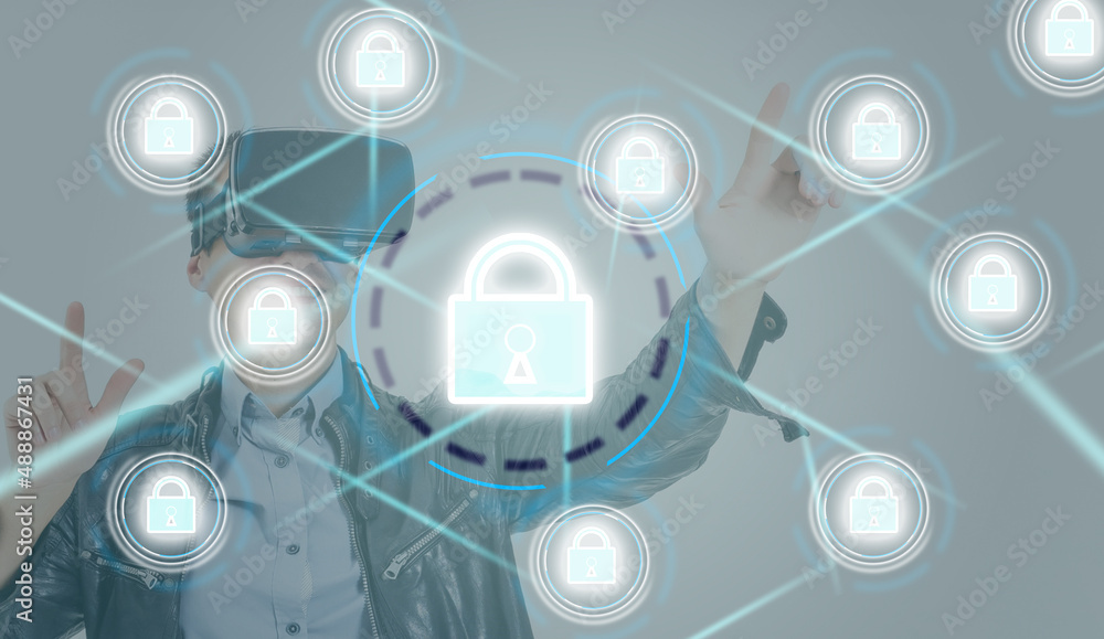 Poster cyber security network. padlock icon and internet technology networking. businessman protecting data