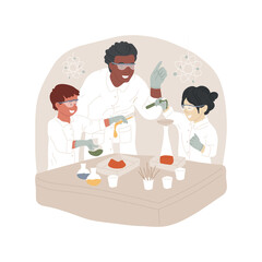 Science party isolated cartoon vector illustration Birthday party, home lab, entertainer in a white coat, making fun experiment, science performance for children, decoration vector cartoon.