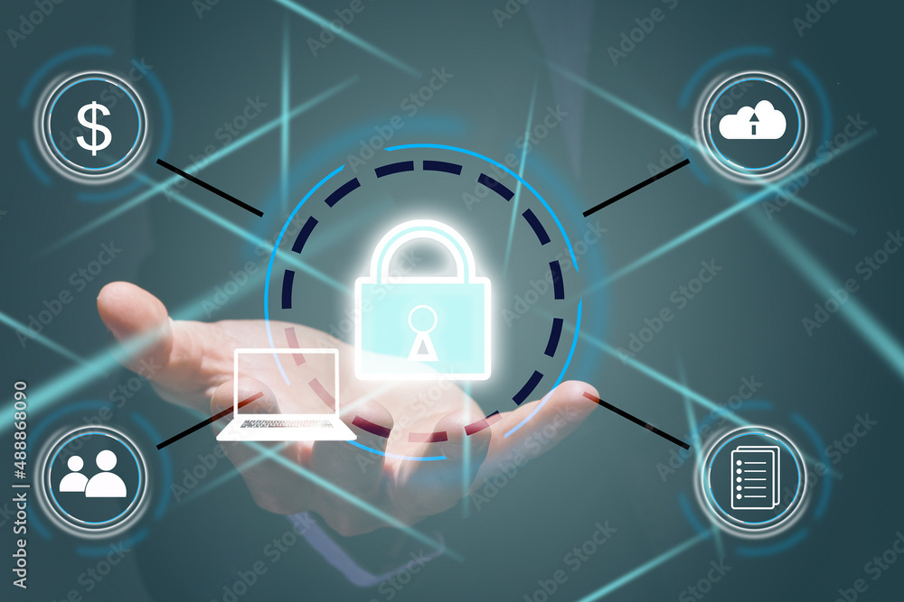 Poster cyber security network. padlock icon and internet technology networking. businessman protecting data