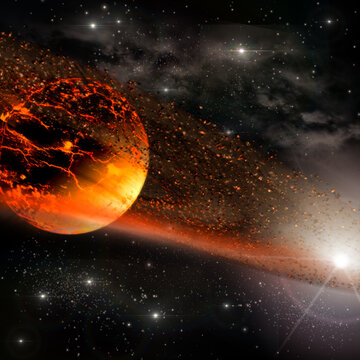 Exploding planet with a Saturn meteorite field