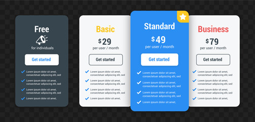 Modern pricing plans template elements vector. Isolated pricing or subscription plan for website or app. Pricing table compare web page : Free, Basic, Standard, Business. Editable vector illustration.