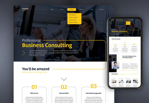 Business Presentation Website with Blue and Yellow Accents