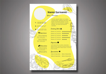 Editable Resume Layout in White and Yellow Color with Sketching Dishes - Powered by Adobe