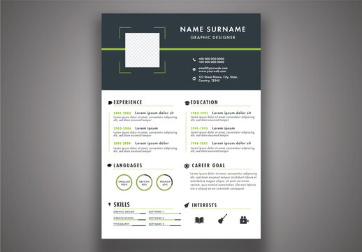 Green and White Color Resume or CV Layout with Placeholder
