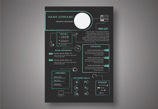 Graphic Designer Resume Layout in Black Color with Placeholder