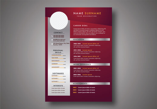 Silver and Burgundy Color Resume or CV Layout with Placeholder
