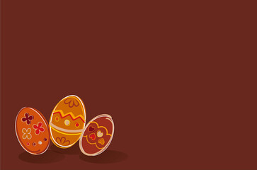 Easter eggs decorated in brown, orange, red, yellow and golden tones, chocolate brown background for design