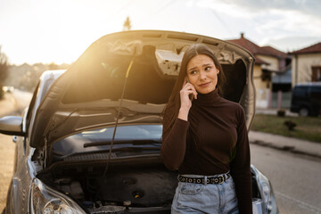 One young adult caucasian woman standing by her vehicle with open hood broken failed engine holding...