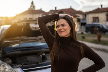 One helpless woman young adult beautiful female standing by her car with broken engine failed vehicle holding her head desperate frustrated in sunny evening real people copy space