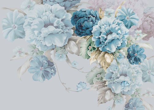 3d wallpaper blue flowers and colorful flowers oil paint on blue background