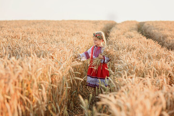 Adorable preschool girl happily walks through a wheat field sunny summer day in a folk costume