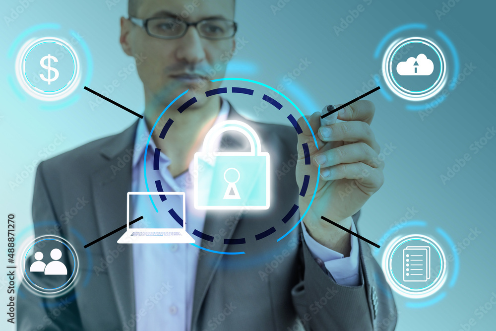 Poster cyber security network. padlock icon and internet technology networking. businessman protecting data