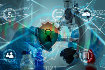 Doctor pushing button locked shield virus security virtual healthcare network medicine