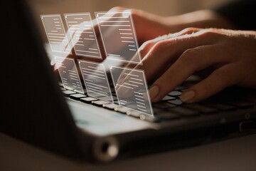 Concept of document management using symbols on a virtual screen, human hands