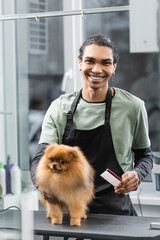 happy african american groomer in apron holding comb near pomeranian spitz in pet barbershop.