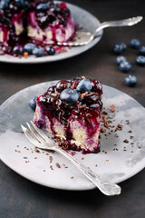Traditioneller Heidelbeeren Käsekuchen mit frischen Beeren, Kompott und Schokoladenstreuseln serviert als close-up auf einem Design Teller