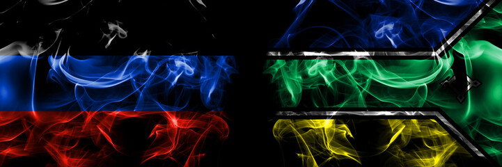 Donetsk People's Republic vs Brazil, Brazilian, Amapa flag. Smoke flags placed side by side isolated on black background.