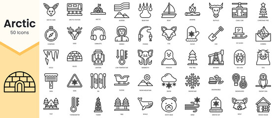 Obraz premium Simple Outline Set of arctic icons. Linear style icons pack. Vector illustration