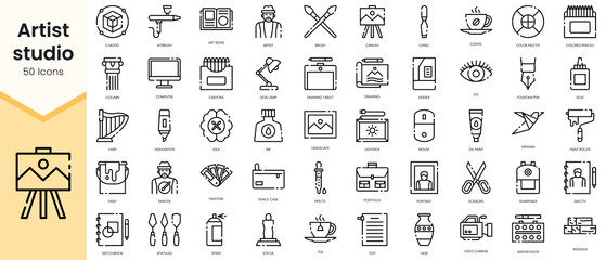 Simple Outline Set of artist studio icons. Linear style icons pack. Vector illustration