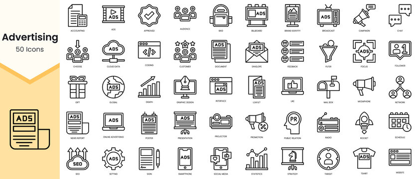Simple Outline Set of advertising icons. Linear style icons pack. Vector illustration