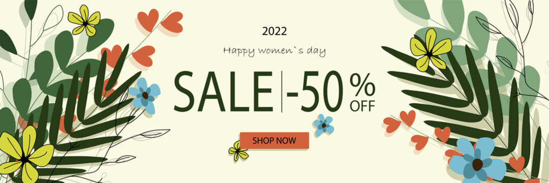 Happy women`s day 8 march Sale -50% with flowers