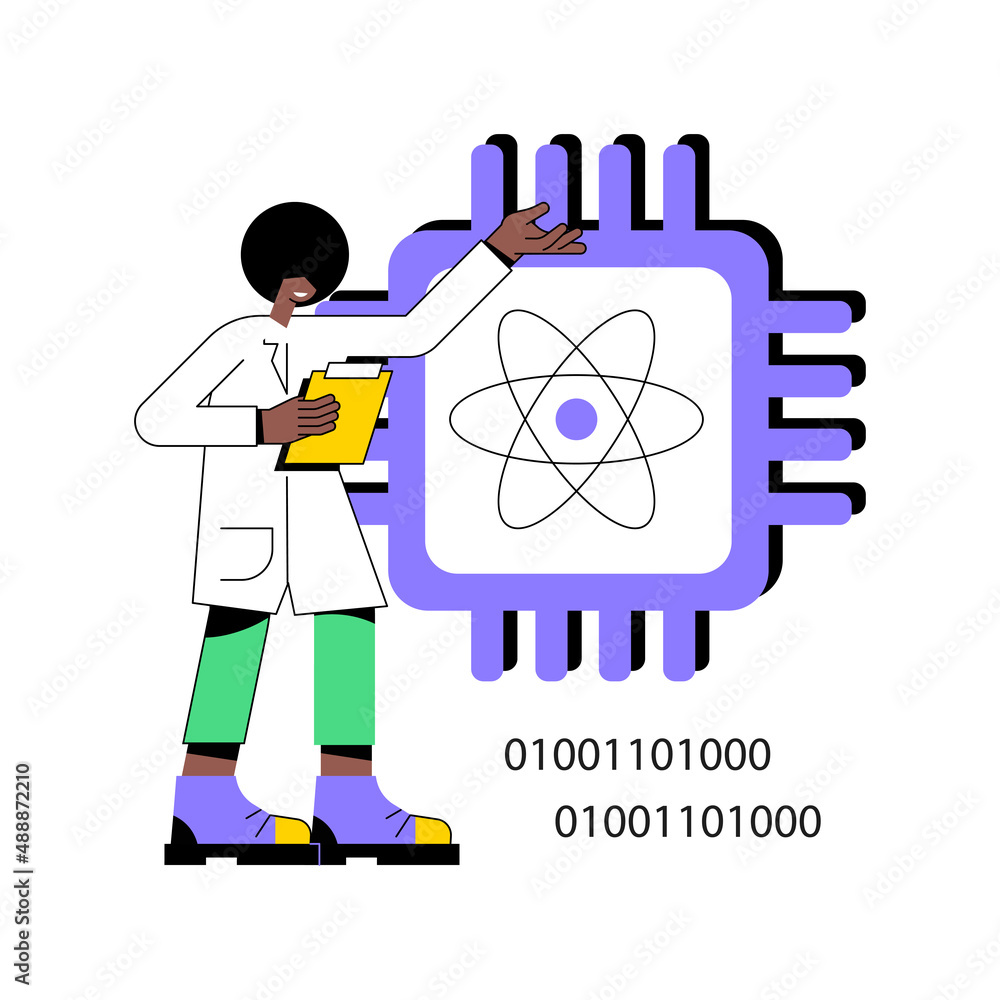 Poster optical technology abstract concept vector illustration. photonics research, quantum computing, data