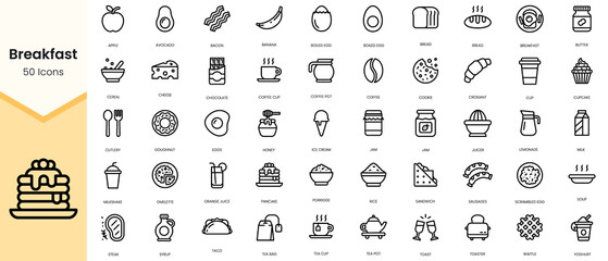 Simple Outline Set of breakfast icons. Linear style icons pack. Vector illustration - obrazy, fototapety, plakaty