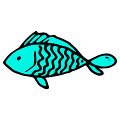 turquoise fish icon. cartoon blue fish, drawn in the style of doodles, bright blue with a black outline, with a wavy pattern of scales, side view