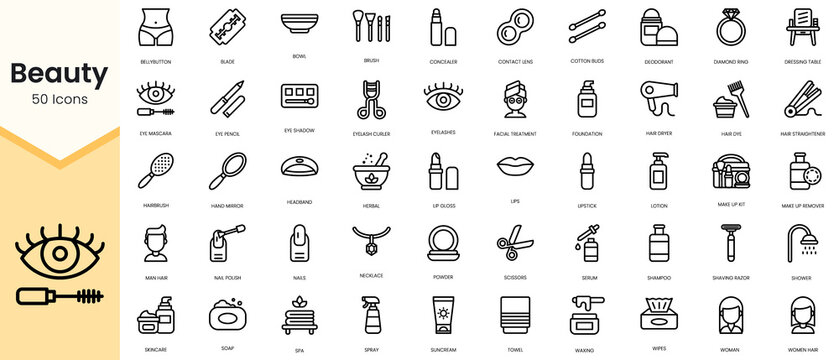 Simple Outline Set of beauty icons. Linear style icons pack. Vector illustration