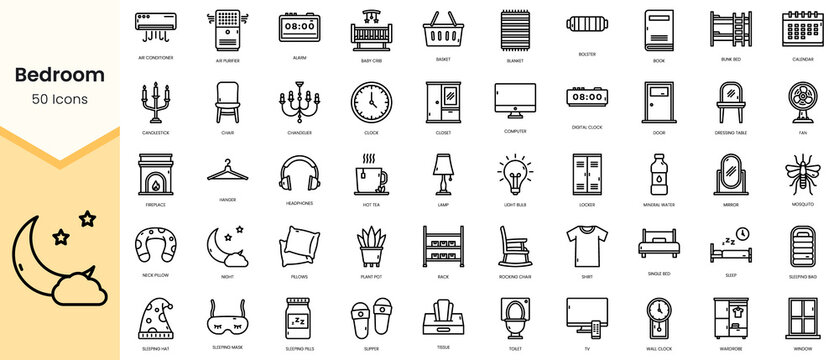 Simple Outline Set of bedroom icons. Linear style icons pack. Vector illustration