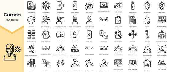 Simple Outline Set of Corona icons. Linear style icons pack. Vector illustration