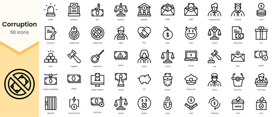 Fototapeta na wymiar Simple Outline Set of corruption icons. Linear style icons pack. Vector illustration