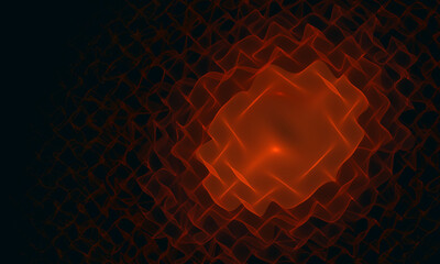 Wavy 3d mesh or shroud in vivid red orange glow in deep dark dimension of space. Dynamic shape fading in dark. Great as audio buffer or rhythm sound concept, cover print for electronics, texture. - 488872475