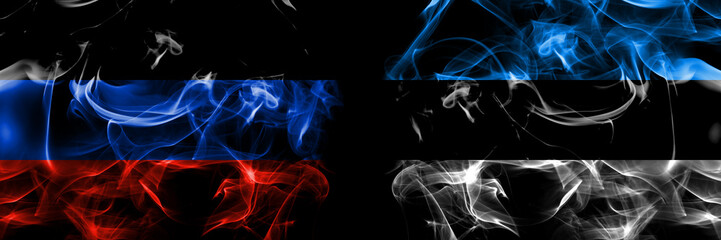 Donetsk People's Republic vs Estonia, Estonian flag. Smoke flags placed side by side isolated on black background.