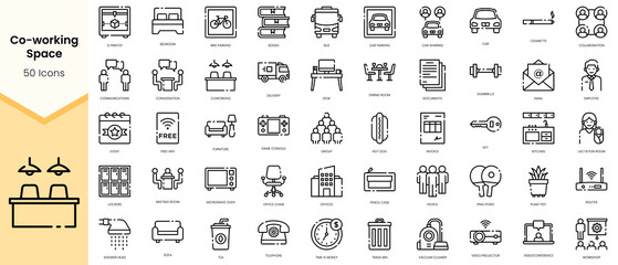 Obraz na płótnie Canvas Simple Outline Set of coworking space icons. Linear style icons pack. Vector illustration