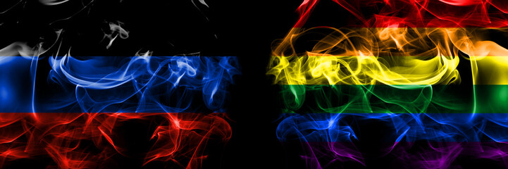 Donetsk People's Republic vs Gay, Pride flag. Smoke flags placed side by side isolated on black background.