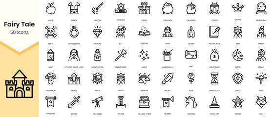 Simple Outline Set of fairy tale icons. Linear style icons pack. Vector illustration
