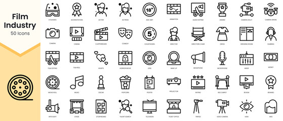 Simple Outline Set of film industry icons. Linear style icons pack. Vector illustration
