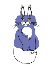 Cute funny cat, painted in color Very Peri. Maine Coon cat. Doodle style vector illustration isolated on white background