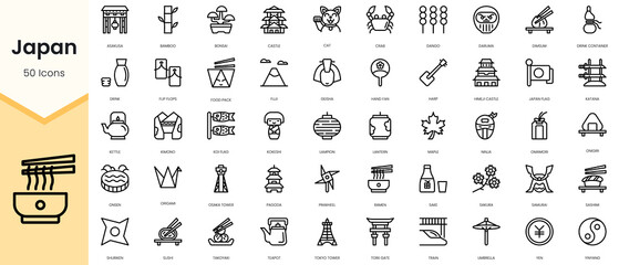 Simple Outline Set of japan outline icons. Linear style icons pack. Vector illustration