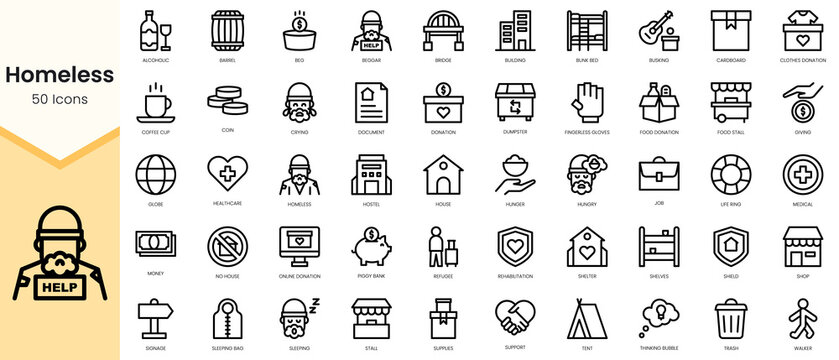 Simple Outline Set of homeless icons. Linear style icons pack. Vector illustration