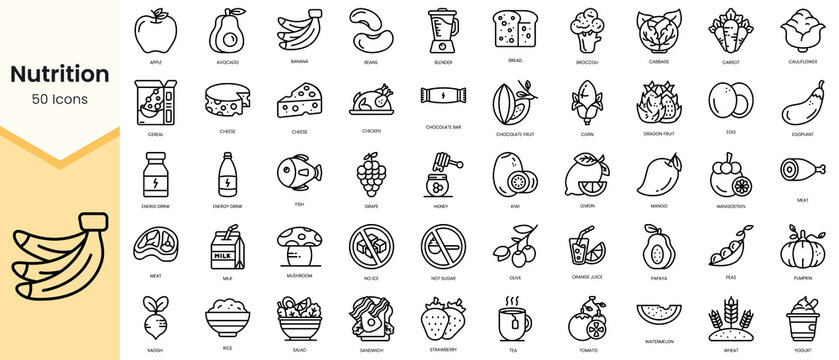 Simple Outline Set Of Nutrition Icons. Linear Style Icons Pack. Vector Illustration