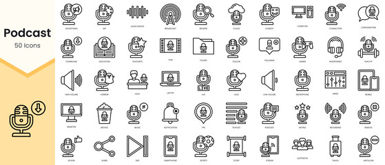 Simple Outline Set of podcast outline icons. Linear style icons pack. Vector illustration