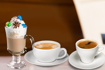 Three types of coffee, Cappuccino, Latte, espresso on the desk